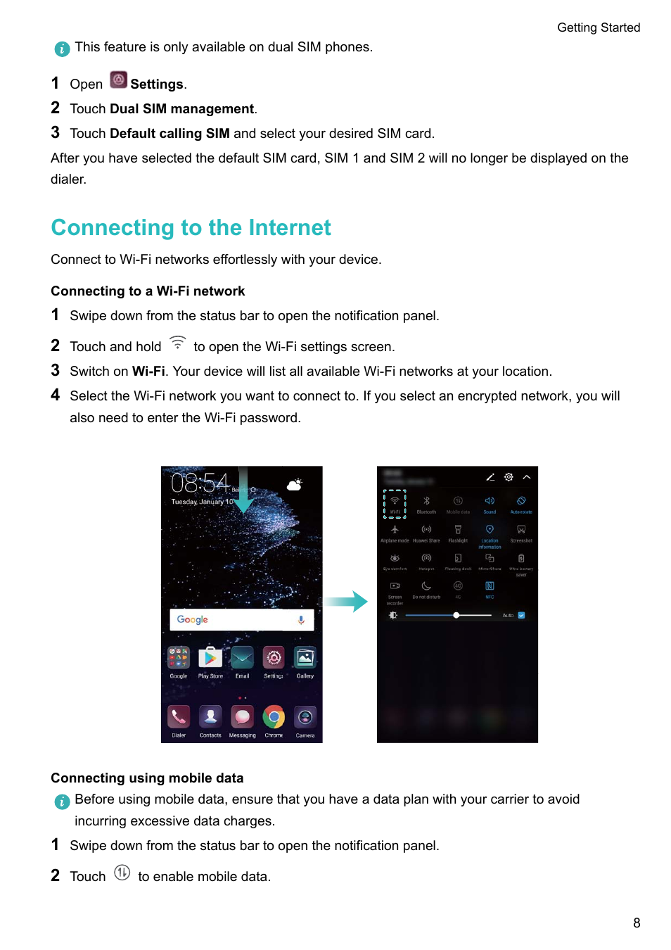 Connecting to the internet, Connecting to a wi-fi network, Connecting using mobile data | Huawei P10 User Manual | Page 14 / 158