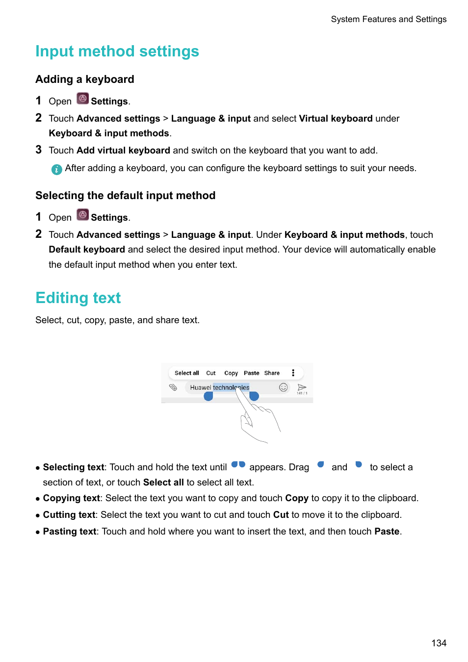 Input method settings, Adding a keyboard, Selecting the default input method | Editing text | Huawei P10 User Manual | Page 140 / 158