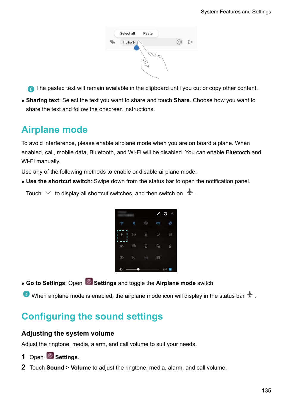 Airplane mode, Configuring the sound settings, Adjusting the system volume | Huawei P10 User Manual | Page 141 / 158