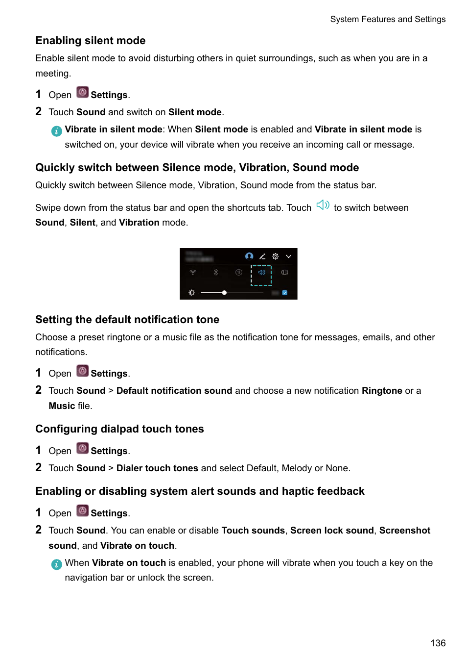 Enabling silent mode, Setting the default notification tone, Configuring dialpad touch tones | Huawei P10 User Manual | Page 142 / 158