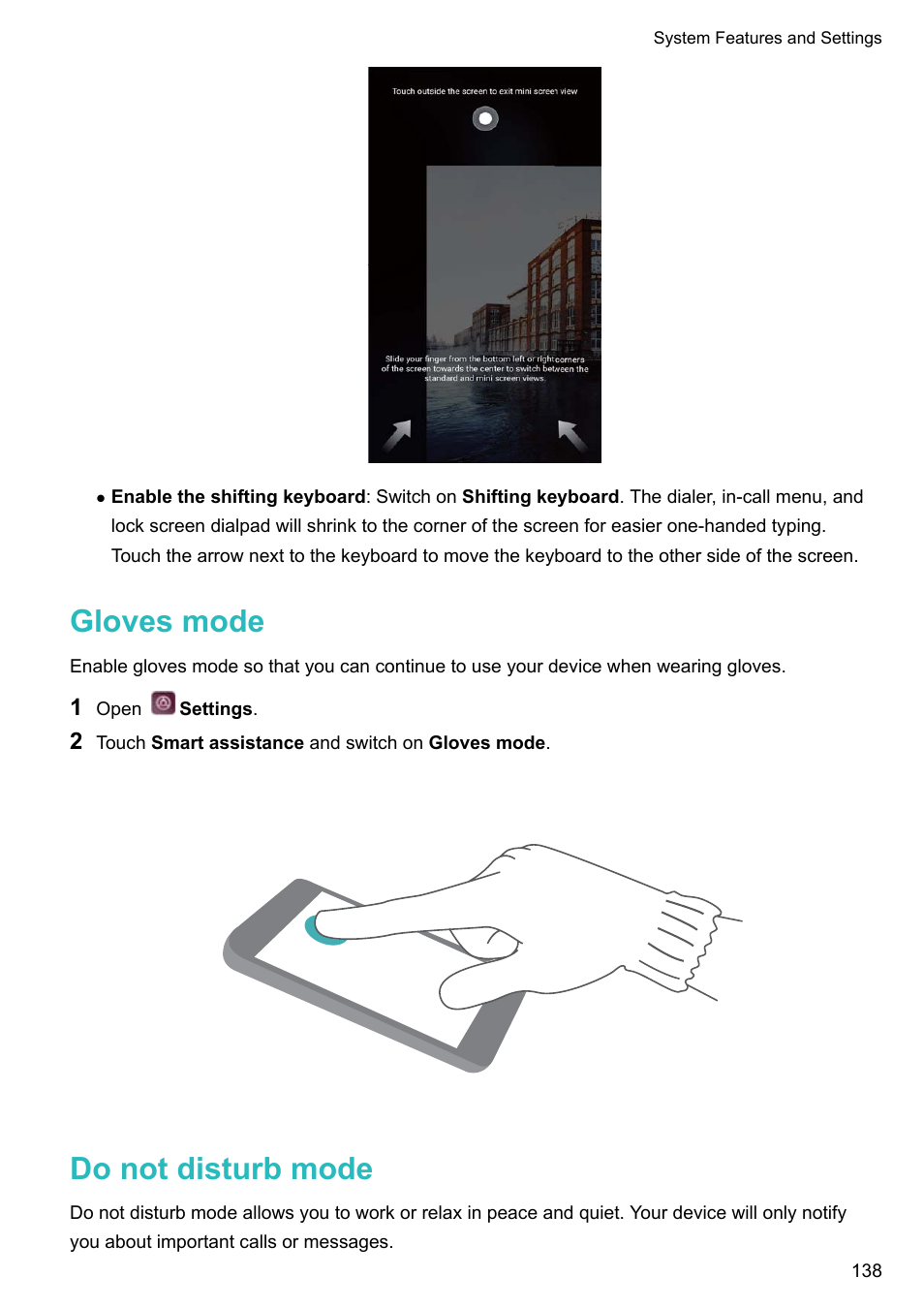 Gloves mode, Do not disturb mode | Huawei P10 User Manual | Page 144 / 158