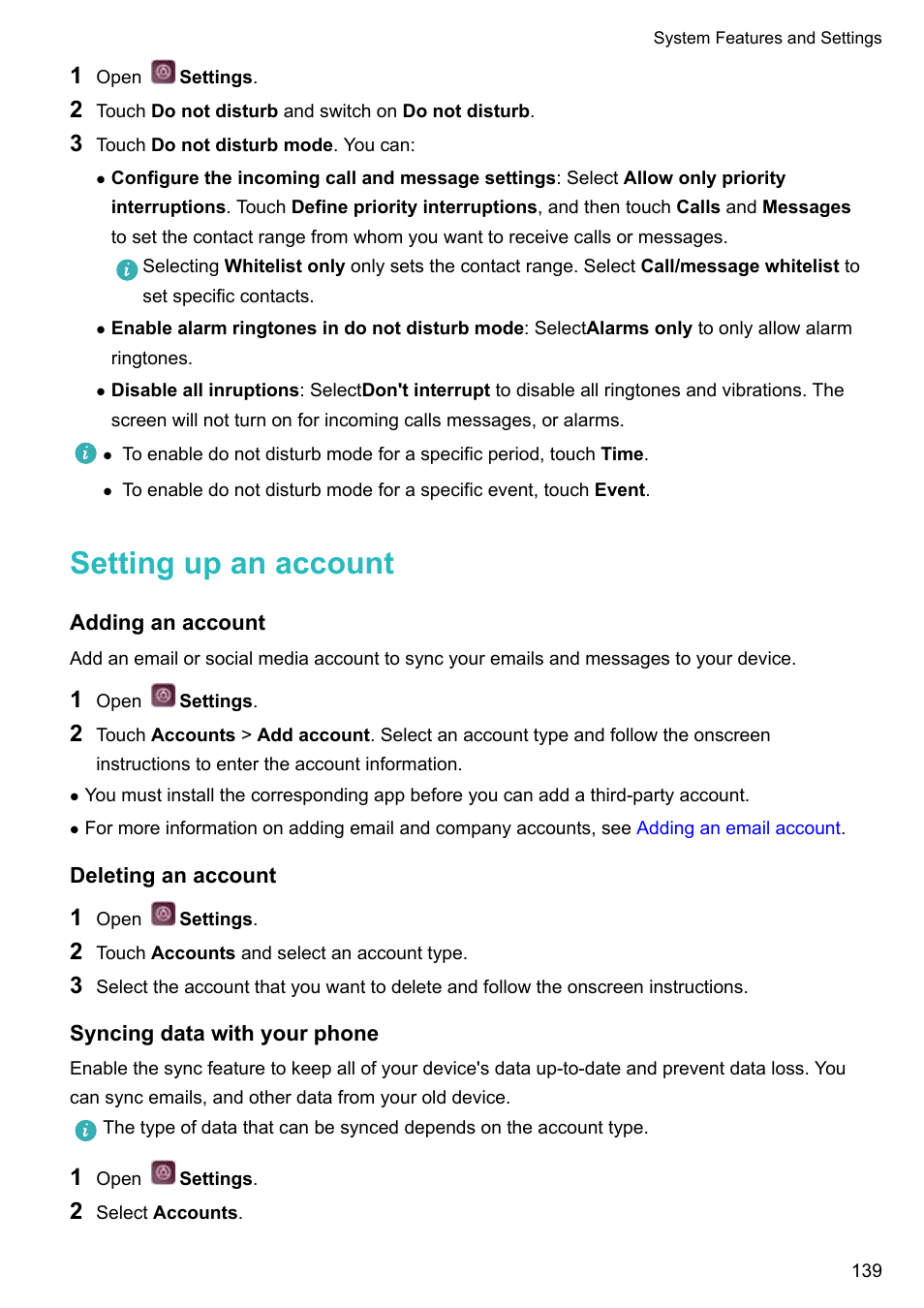 Setting up an account, Adding an account, Deleting an account | Syncing data with your phone | Huawei P10 User Manual | Page 145 / 158