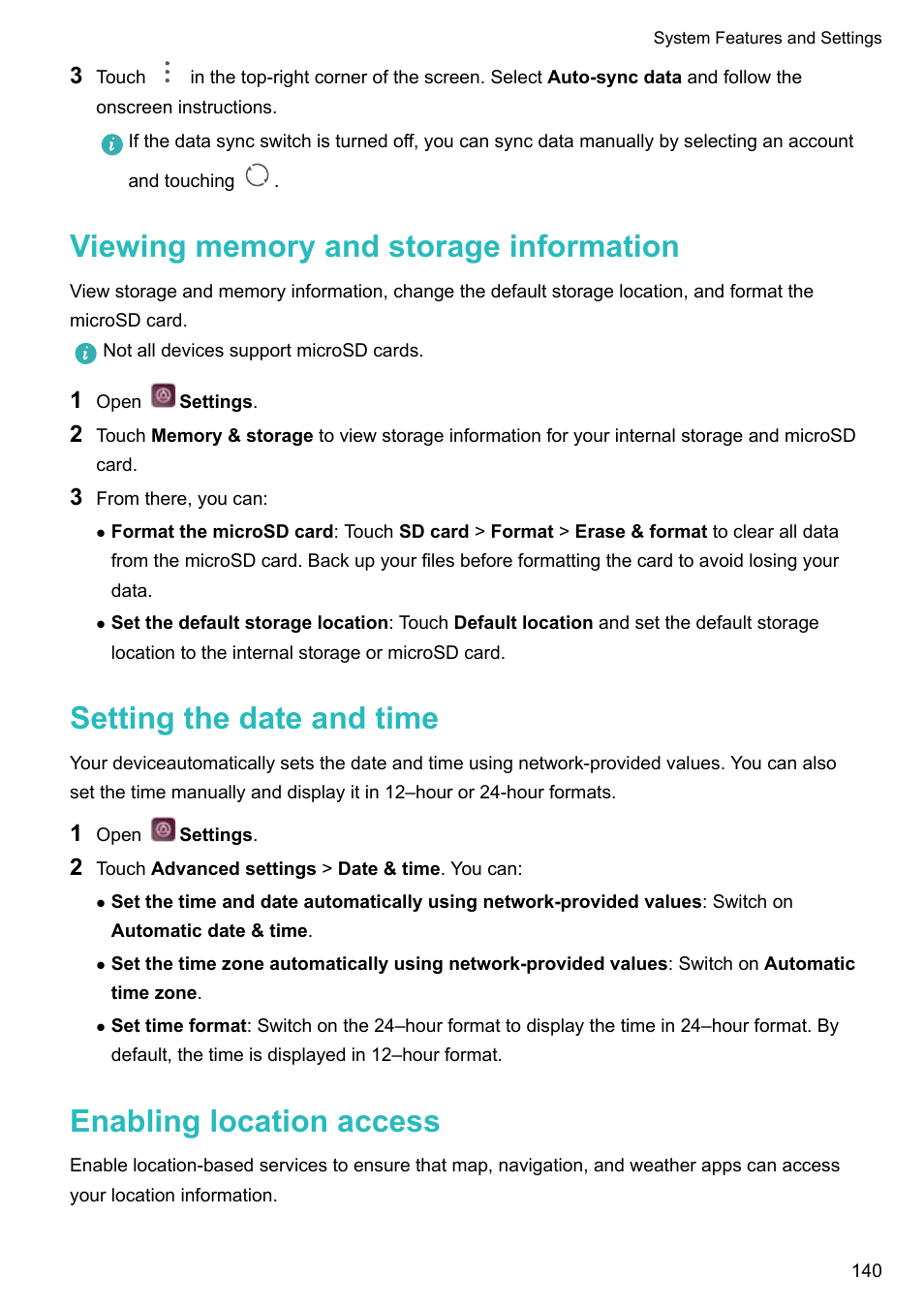 Viewing memory and storage information, Setting the date and time, Enabling location access | Huawei P10 User Manual | Page 146 / 158