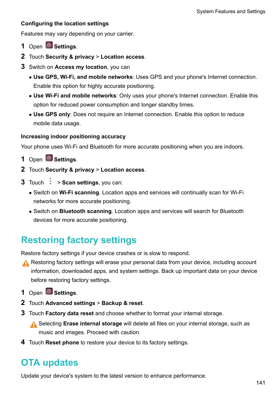 Configuring the location settings, Increasing indoor positioning accuracy, Restoring factory settings | Ota updates | Huawei P10 User Manual | Page 147 / 158