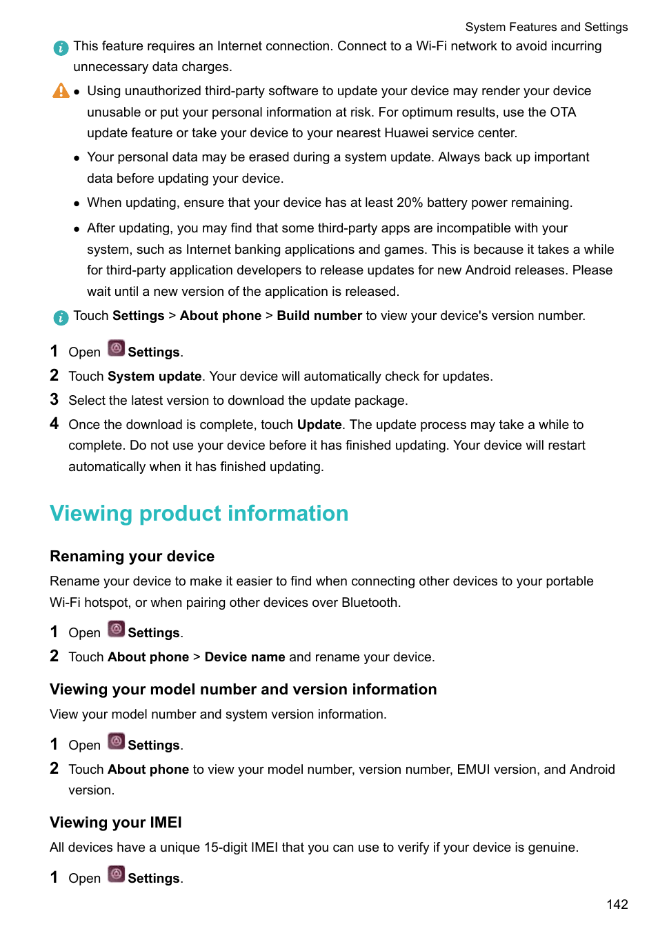 Viewing product information, Renaming your device, Viewing your model number and version information | Viewing your imei | Huawei P10 User Manual | Page 148 / 158