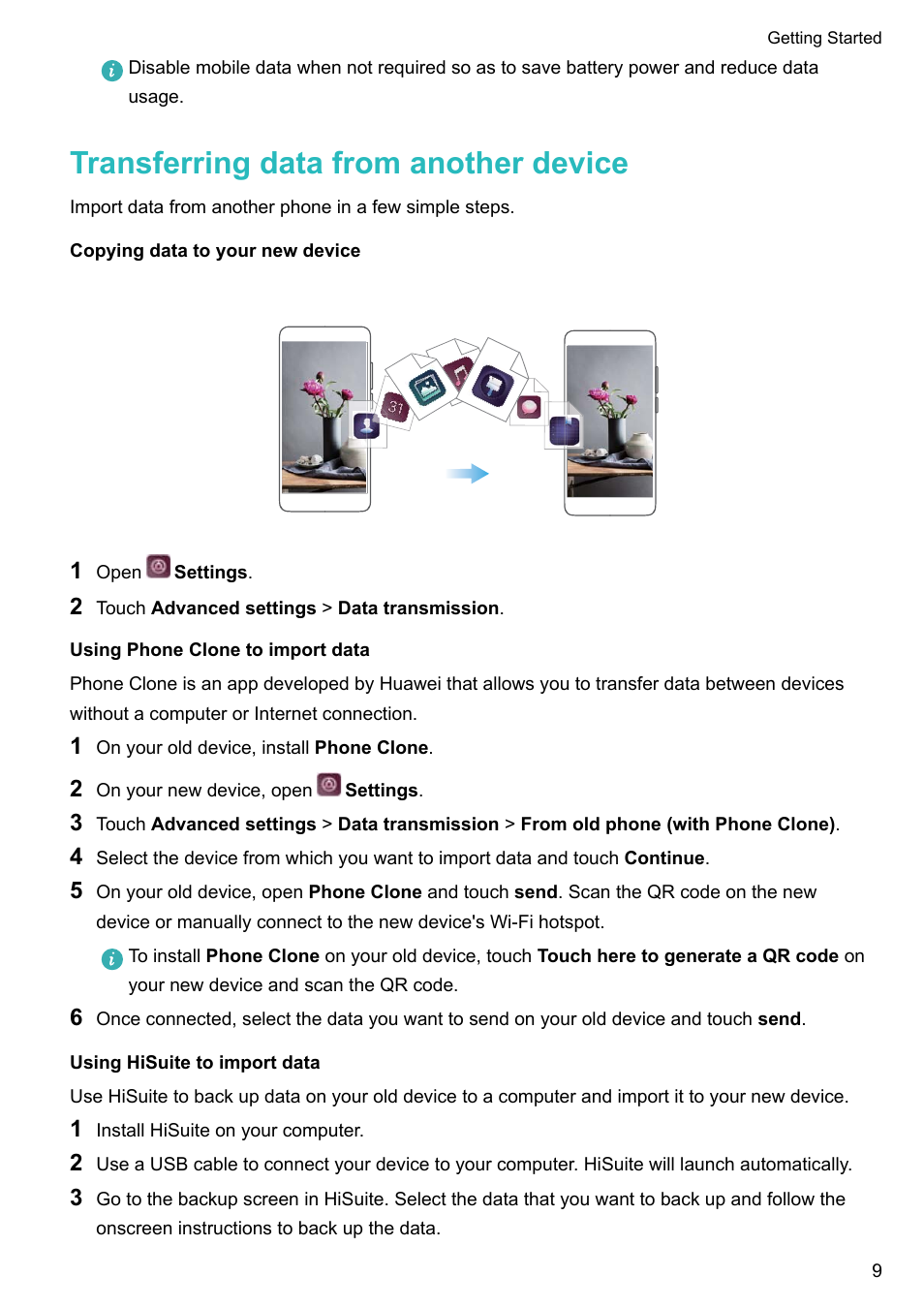 Transferring data from another device, Copying data to your new device, Using phone clone to import data | Using hisuite to import data | Huawei P10 User Manual | Page 15 / 158