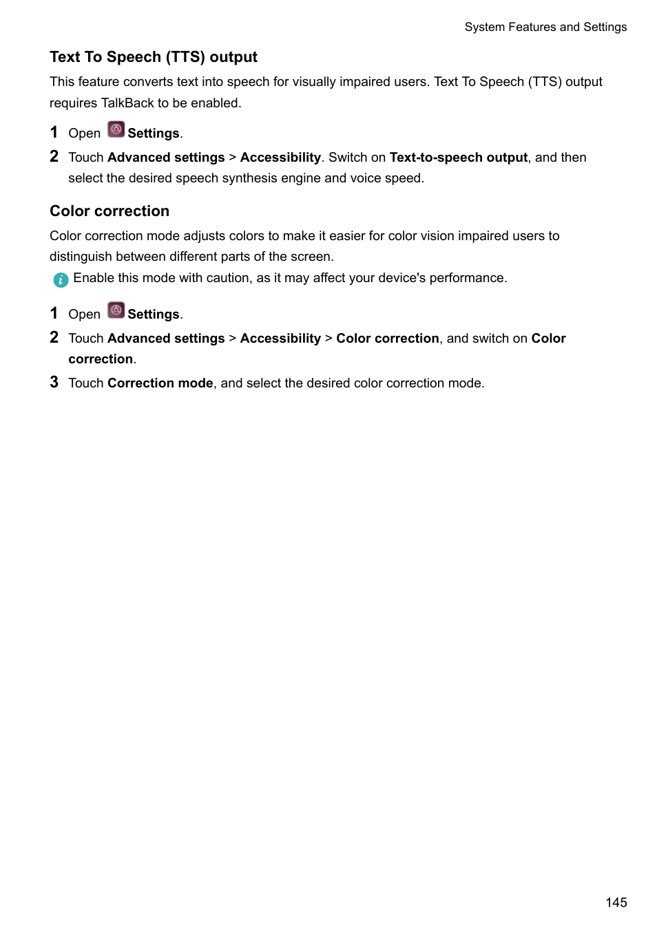 Text to speech (tts) output, Color correction, Text to | Speech (tts) output | Huawei P10 User Manual | Page 151 / 158