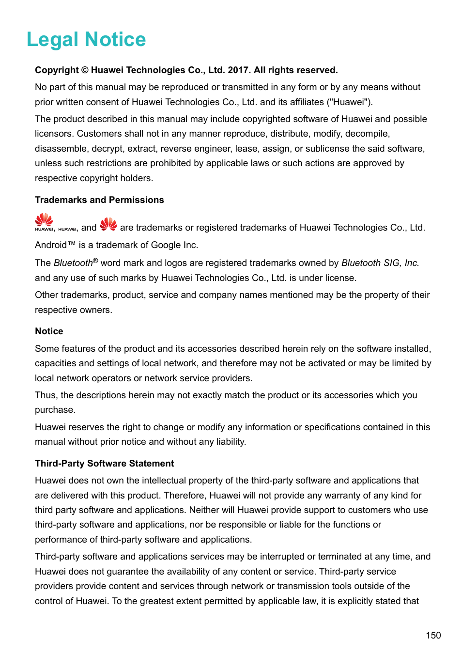 Legal notice, Trademarks and permissions, Notice | Third-party software statement | Huawei P10 User Manual | Page 156 / 158