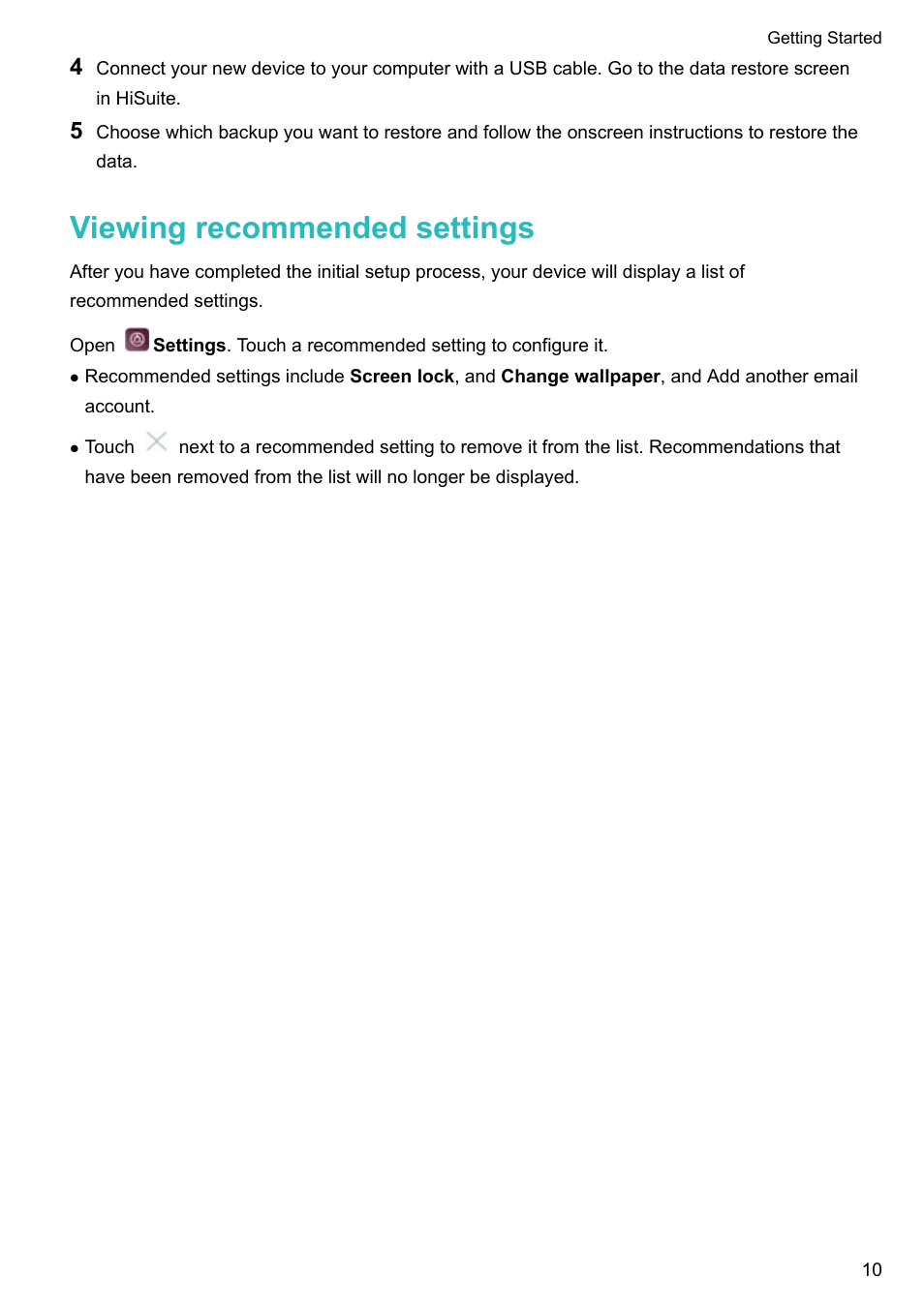 Viewing recommended settings | Huawei P10 User Manual | Page 16 / 158