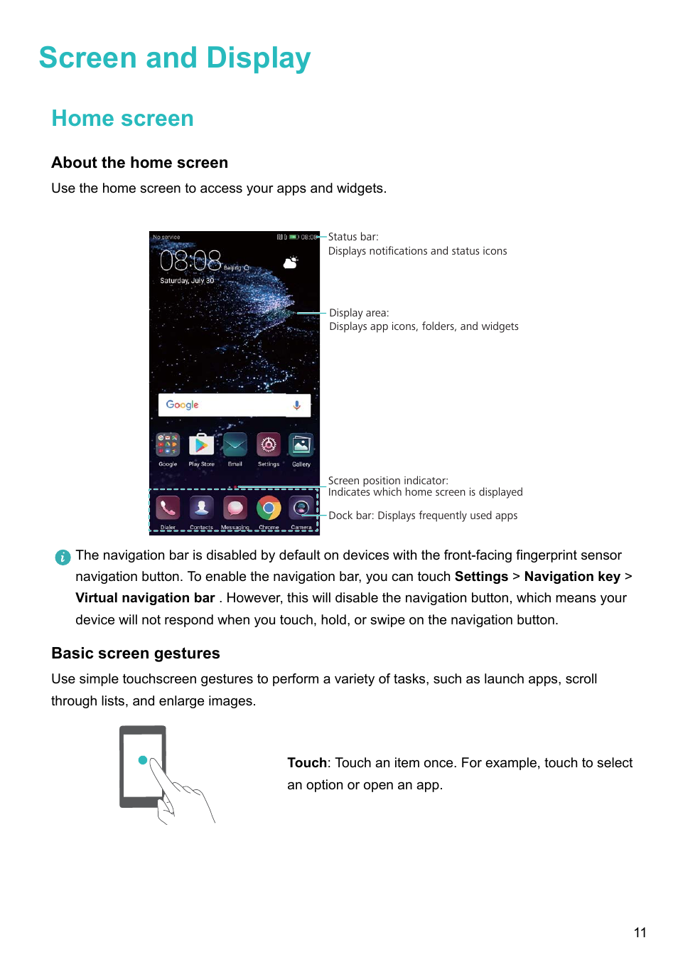 Screen and display, Home screen, About the home screen | Basic screen gestures | Huawei P10 User Manual | Page 17 / 158