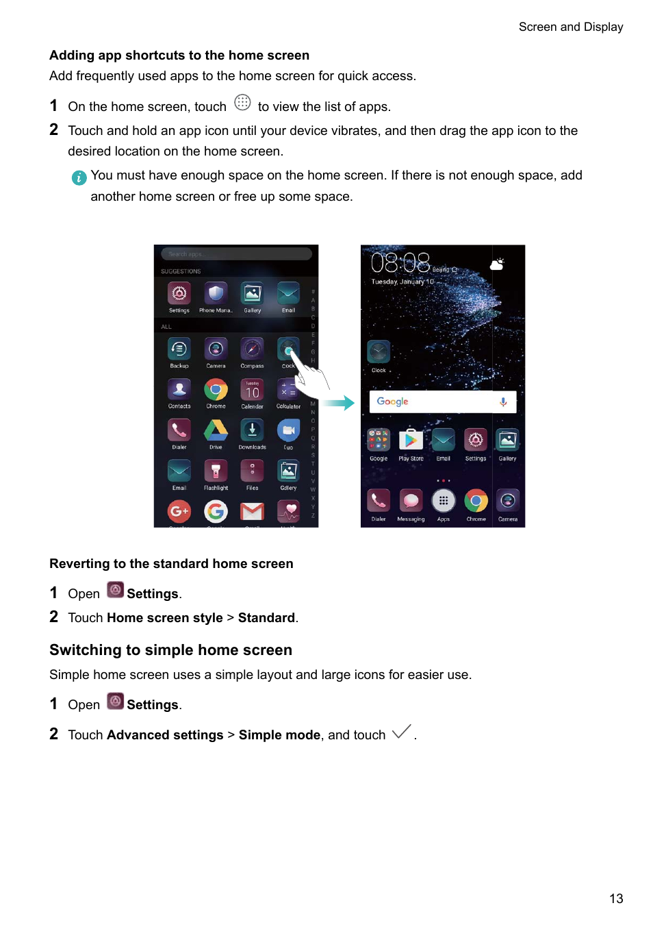 Adding app shortcuts to the home screen, Reverting to the standard home screen, Switching to simple home screen | Huawei P10 User Manual | Page 19 / 158