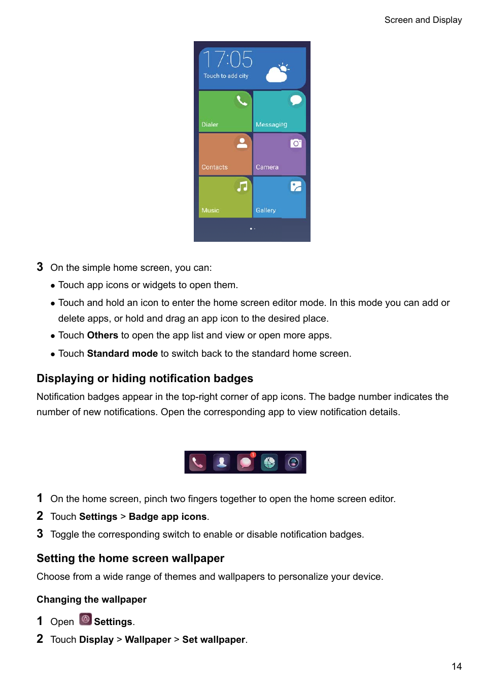 Displaying or hiding notification badges, Setting the home screen wallpaper, Changing the wallpaper | Huawei P10 User Manual | Page 20 / 158