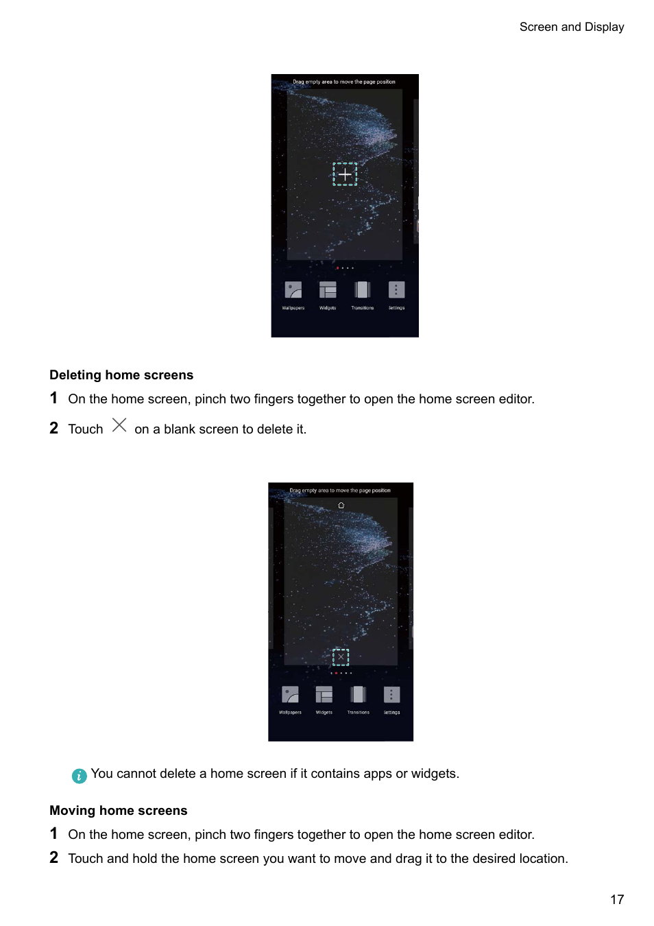 Deleting home screens, Moving home screens | Huawei P10 User Manual | Page 23 / 158