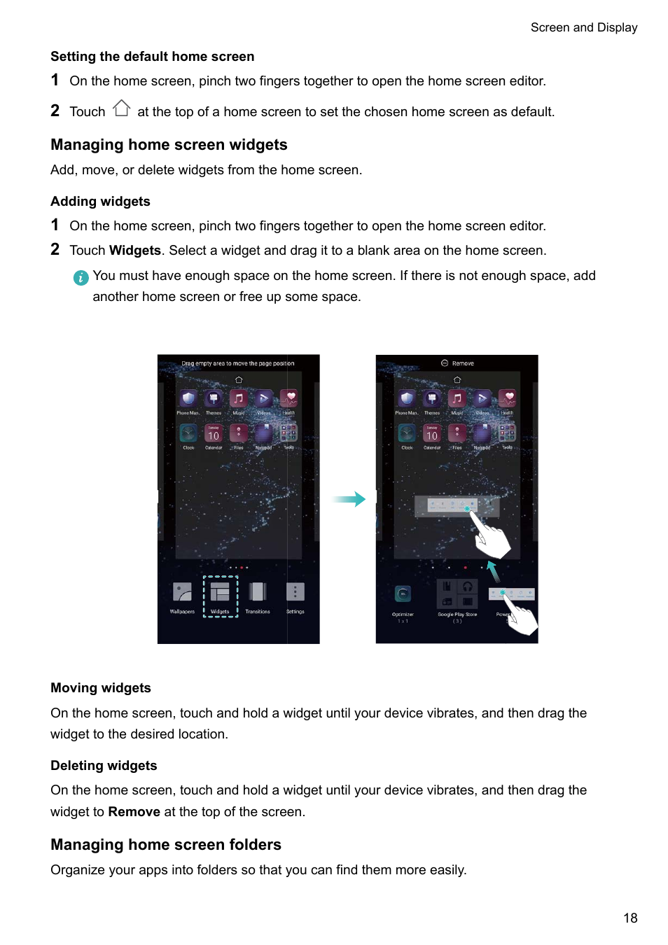 Setting the default home screen, Managing home screen widgets, Adding widgets | Moving widgets, Deleting widgets, Managing home screen folders | Huawei P10 User Manual | Page 24 / 158