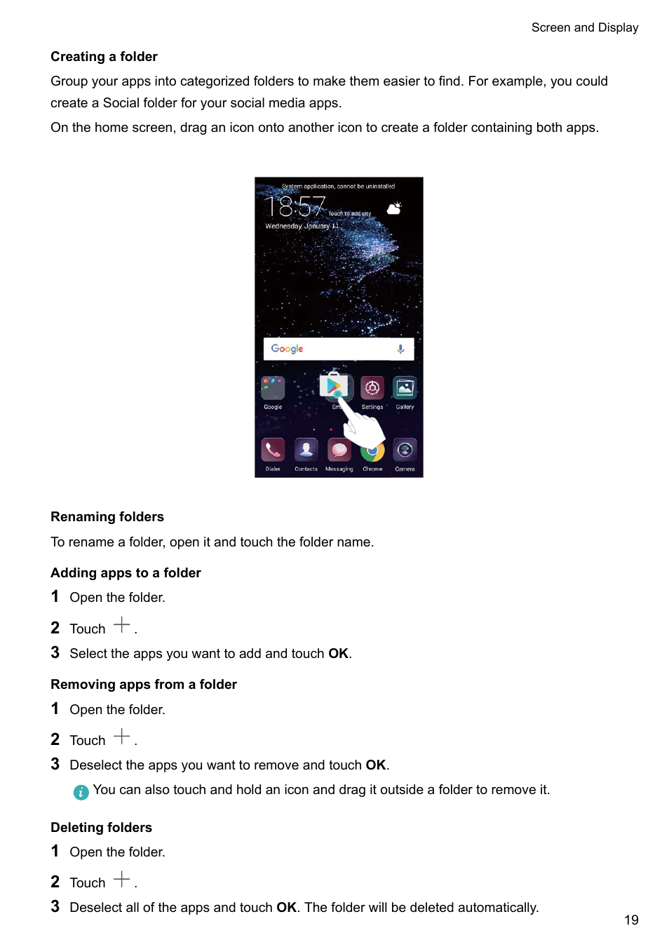 Creating a folder, Renaming folders, Adding apps to a folder | Removing apps from a folder, Deleting folders | Huawei P10 User Manual | Page 25 / 158