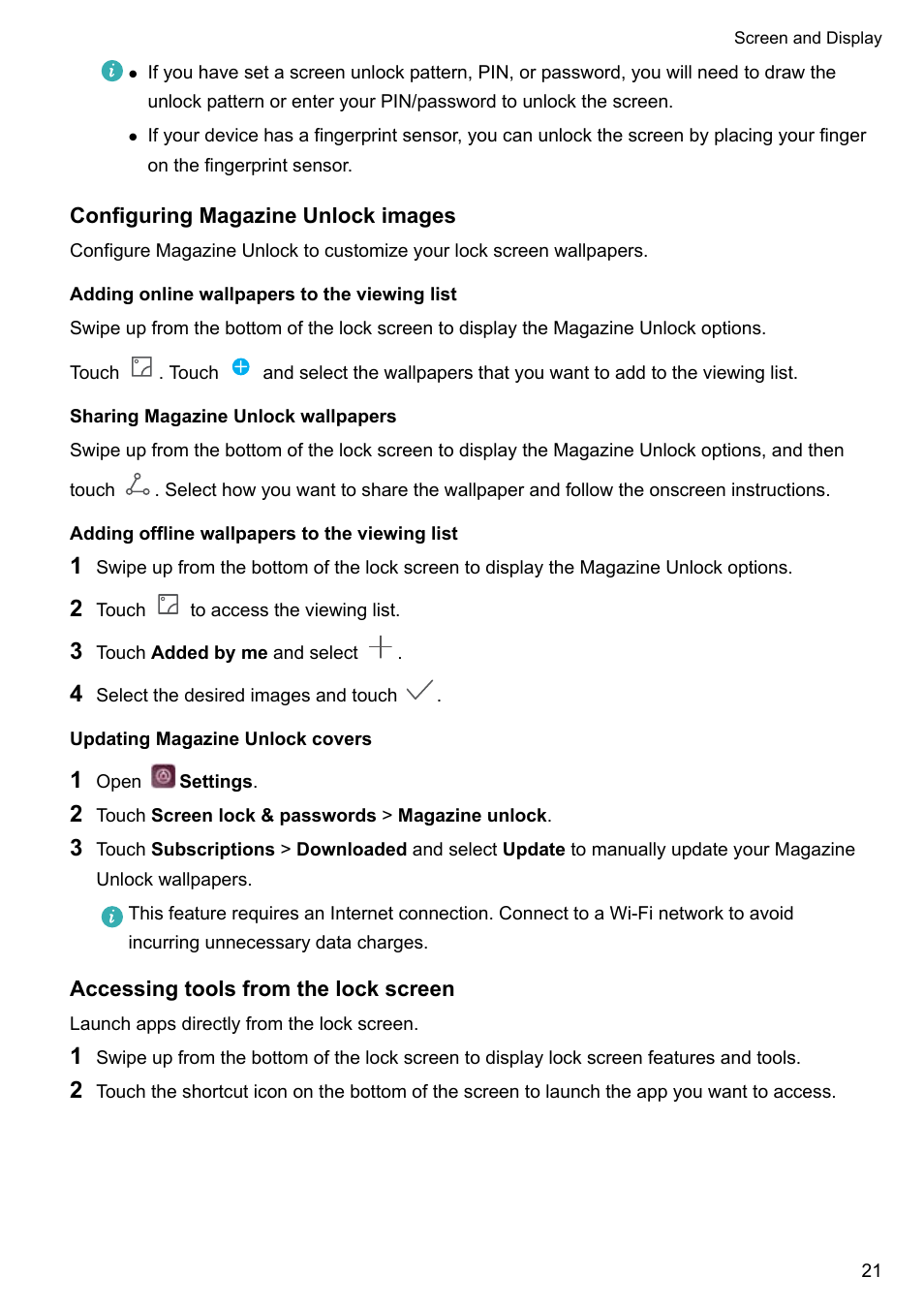 Configuring magazine unlock images, Adding online wallpapers to the viewing list, Sharing magazine unlock wallpapers | Adding offline wallpapers to the viewing list, Updating magazine unlock covers, Accessing tools from the lock screen, Set and manage magazine unlock | Huawei P10 User Manual | Page 27 / 158