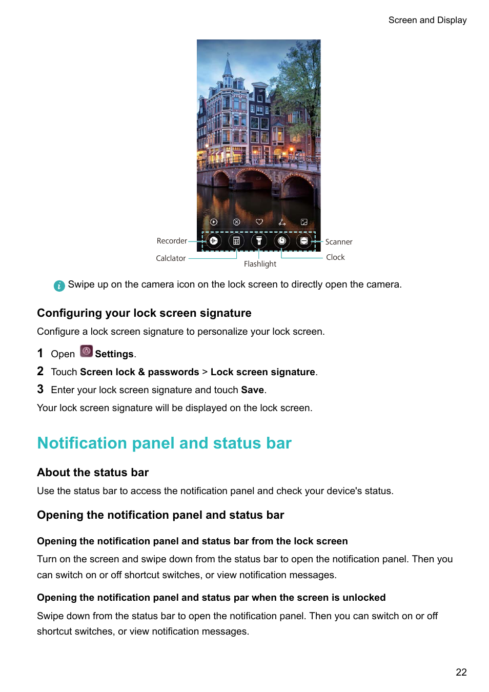 Configuring your lock screen signature, Notification panel and status bar, About the status bar | Opening the notification panel and status bar | Huawei P10 User Manual | Page 28 / 158