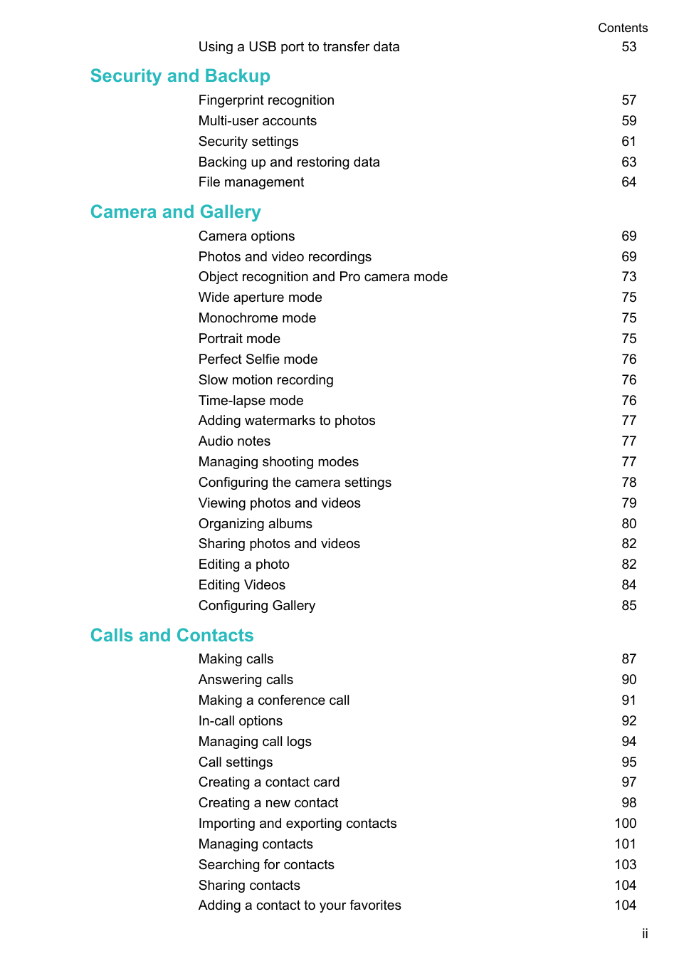 Security and backup, Camera and gallery, Calls and contacts | Huawei P10 User Manual | Page 3 / 158