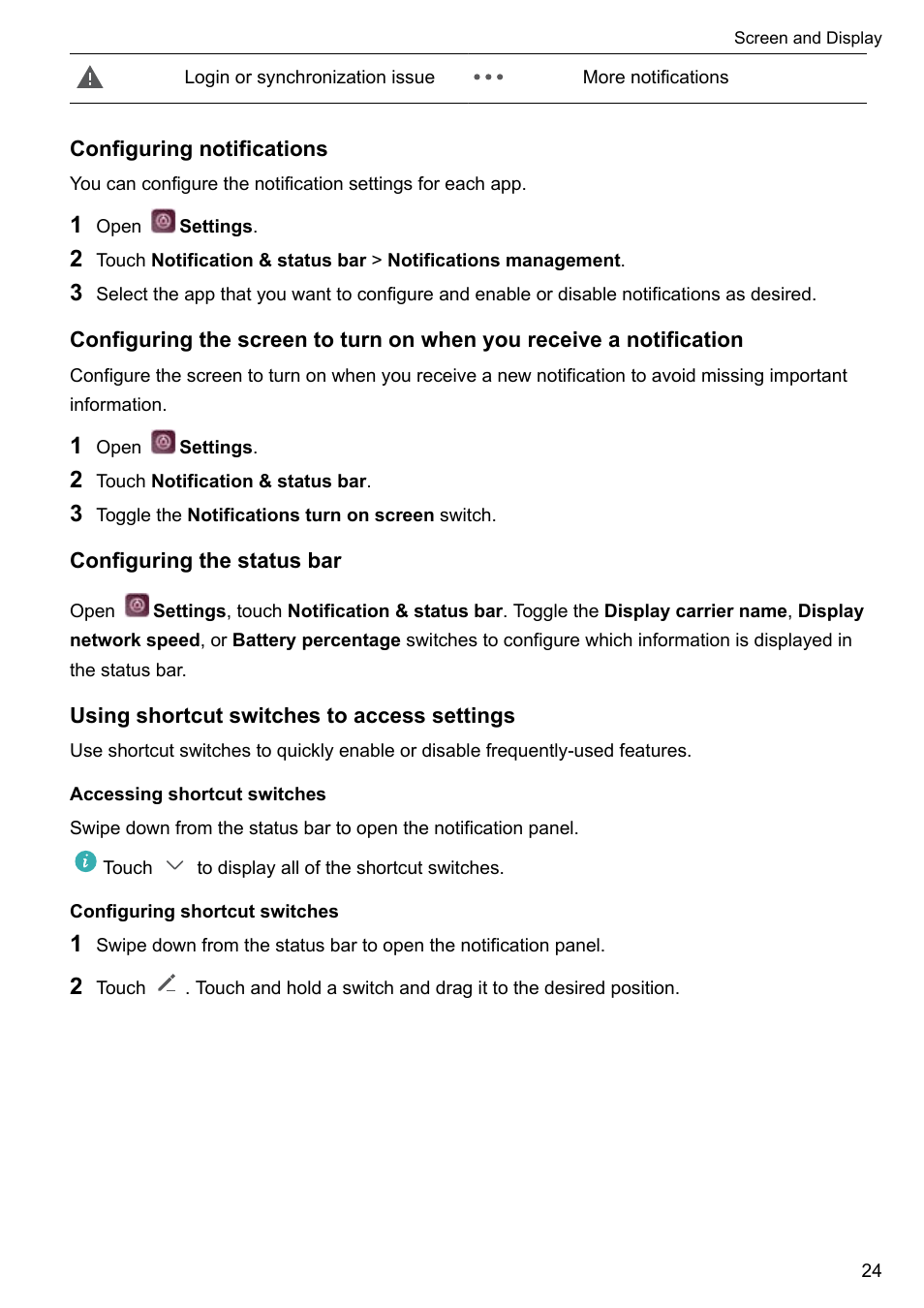 Configuring notifications, Configuring the status bar, Using shortcut switches to access settings | Accessing shortcut switches, Configuring shortcut switches | Huawei P10 User Manual | Page 30 / 158