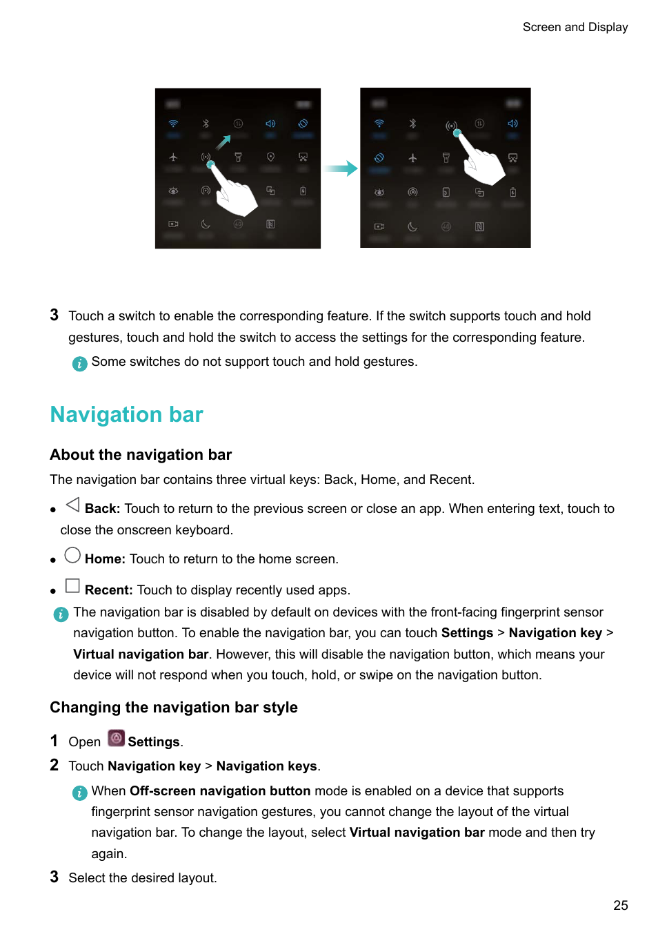 Navigation bar, About the navigation bar, Changing the navigation bar style | Huawei P10 User Manual | Page 31 / 158