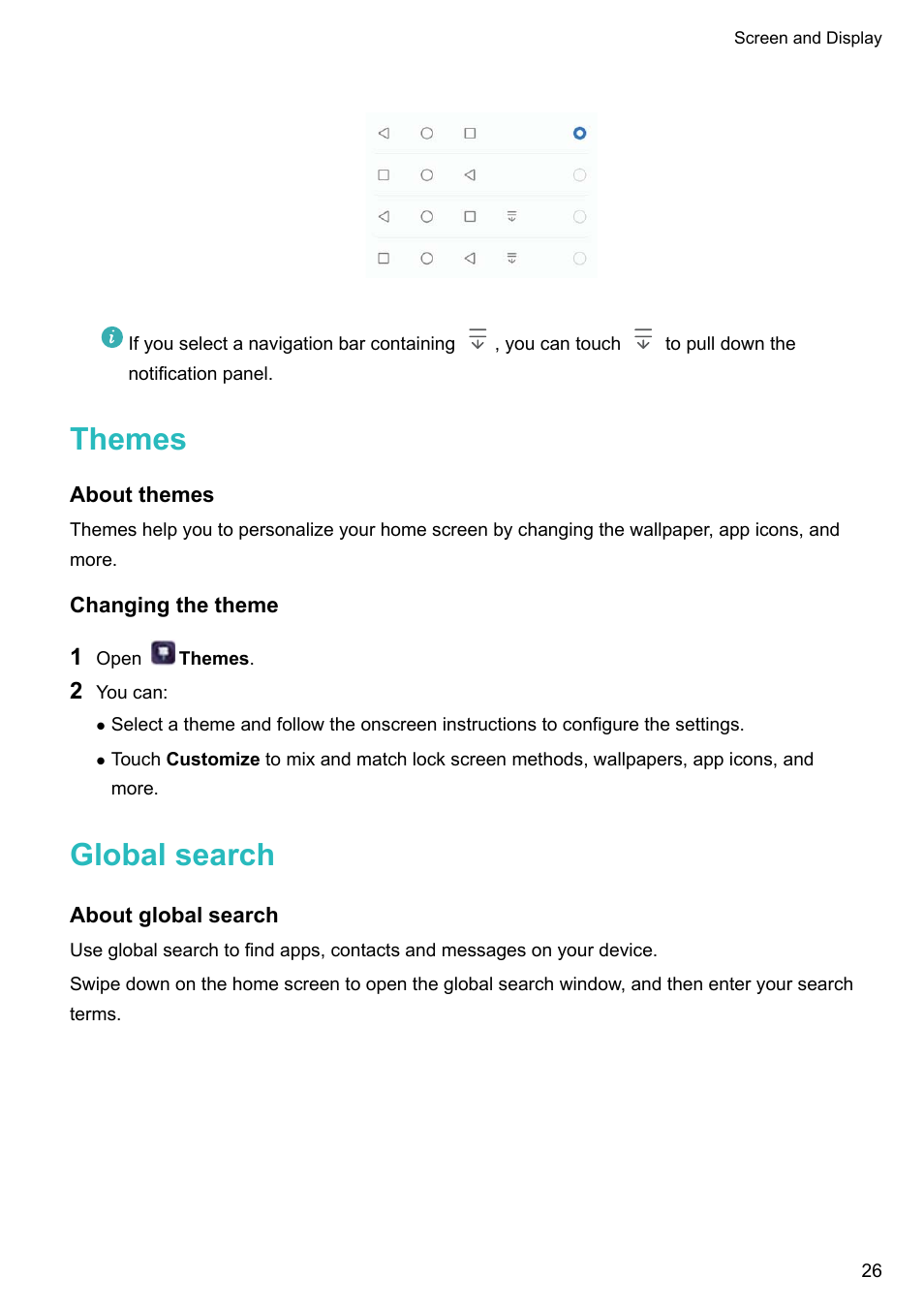 Themes, About themes, Changing the theme | Global search, About global search | Huawei P10 User Manual | Page 32 / 158