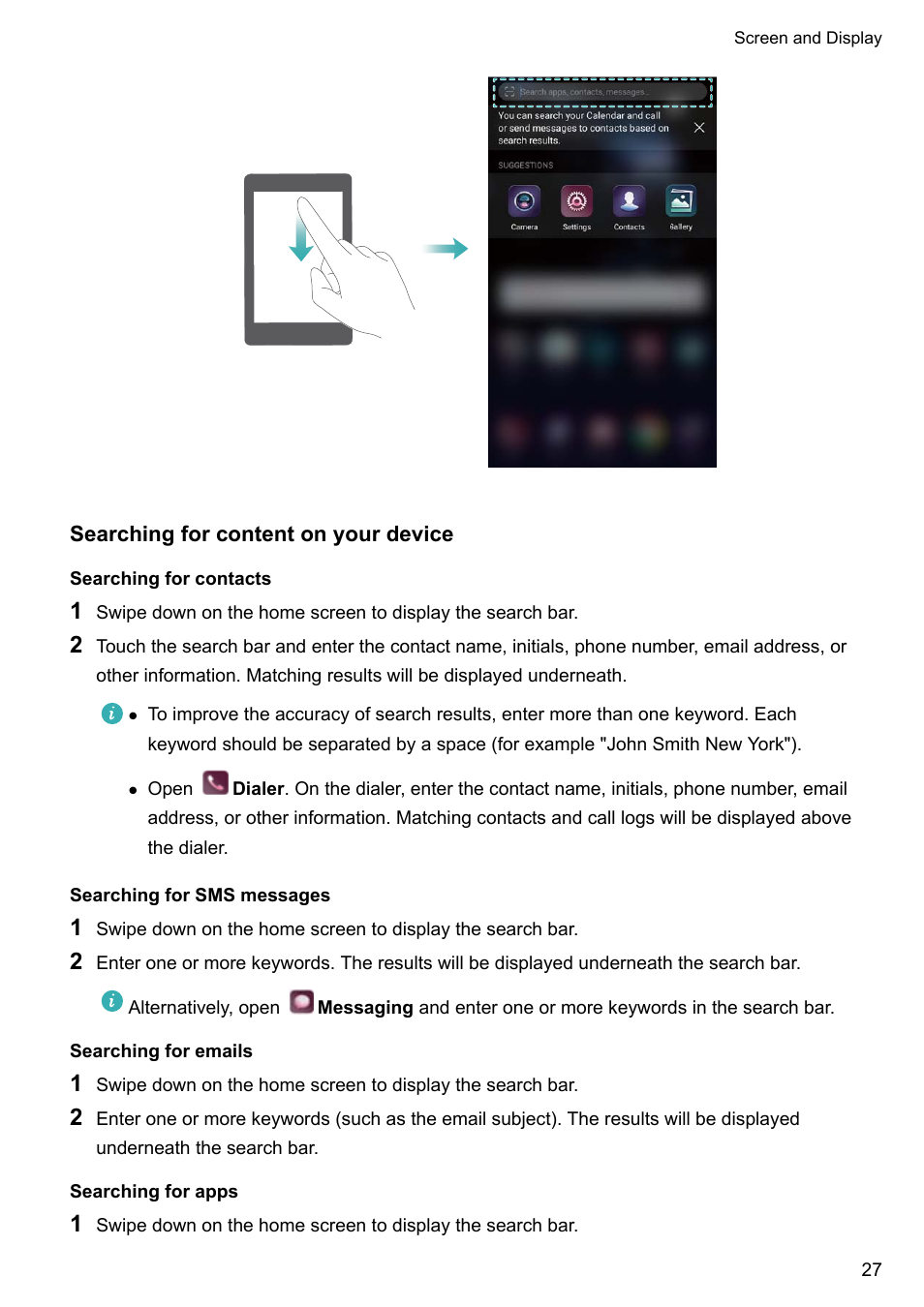 Searching for content on your device, Searching for contacts, Searching for sms messages | Searching for emails, Searching for apps | Huawei P10 User Manual | Page 33 / 158