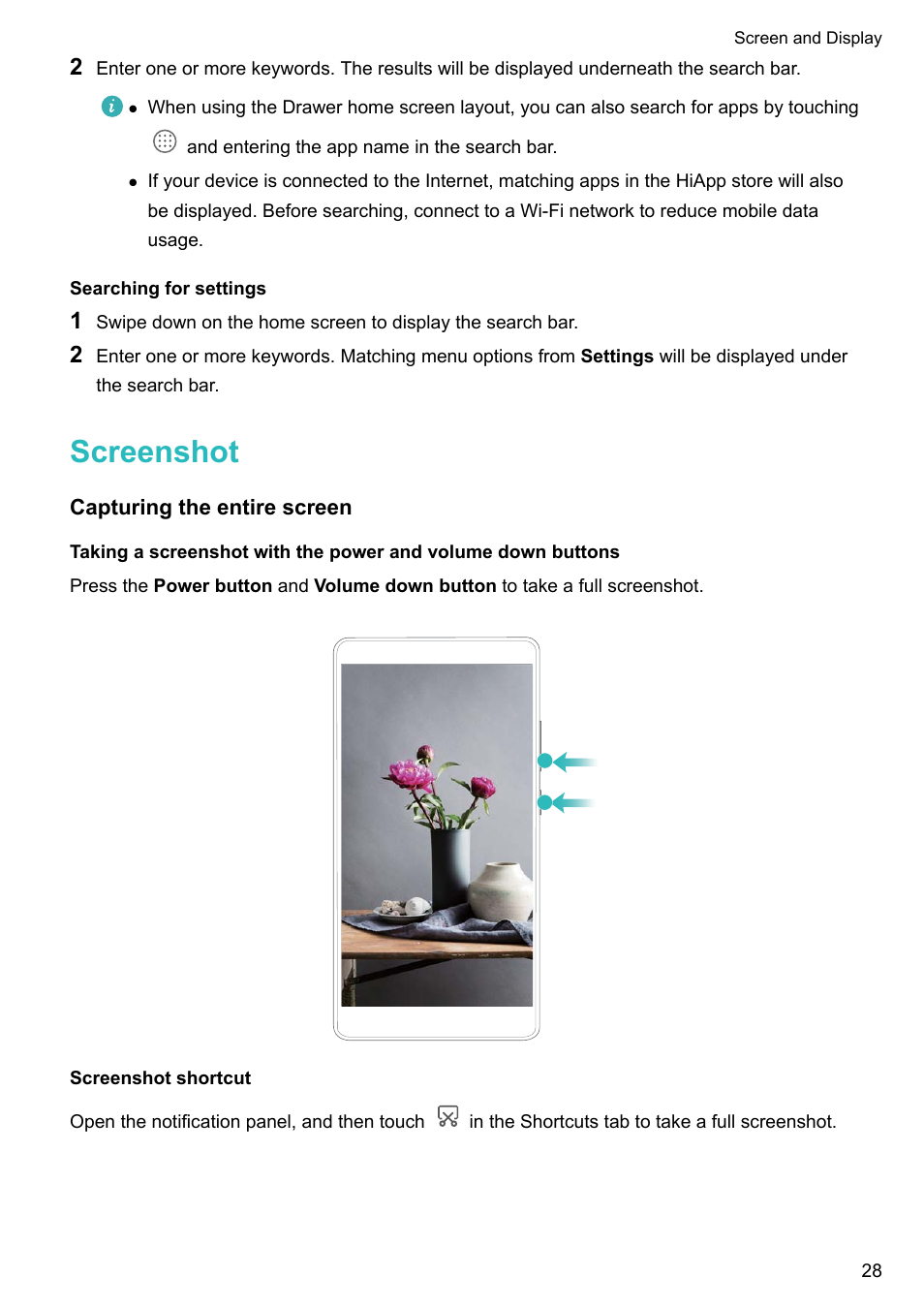 Searching for settings, Screenshot, Capturing the entire screen | Screenshot shortcut | Huawei P10 User Manual | Page 34 / 158