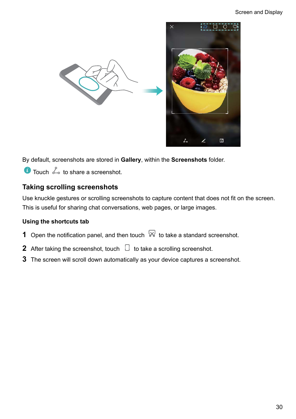 Taking scrolling screenshots, Using the shortcuts tab | Huawei P10 User Manual | Page 36 / 158