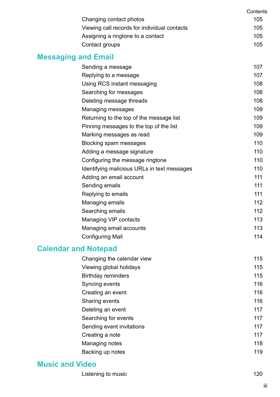 Messaging and email, Music and video | Huawei P10 User Manual | Page 4 / 158