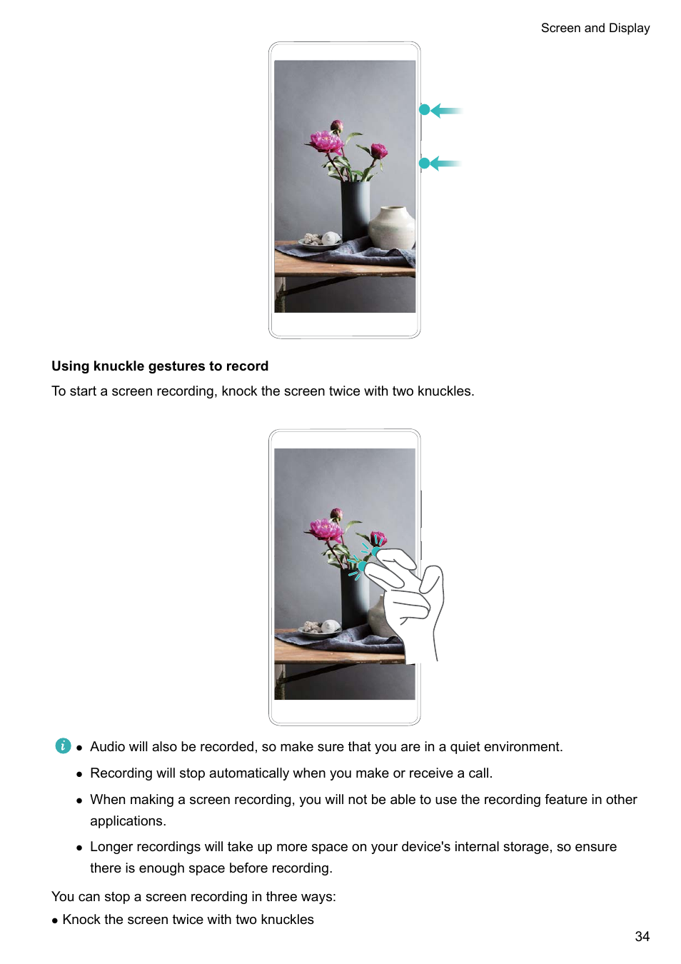 Using knuckle gestures to record | Huawei P10 User Manual | Page 40 / 158