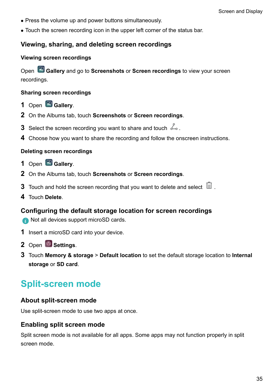 Viewing, sharing, and deleting screen recordings, Viewing screen recordings, Sharing screen recordings | Deleting screen recordings, Split-screen mode, About split-screen mode, Enabling split screen mode | Huawei P10 User Manual | Page 41 / 158