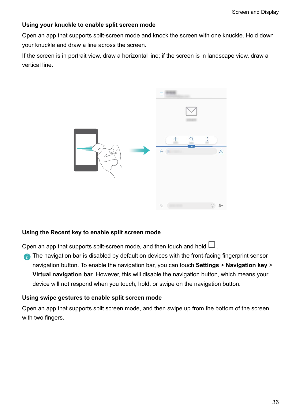 Using your knuckle to enable split screen mode, Using the recent key to enable split screen mode, Using swipe gestures to enable split screen mode | Huawei P10 User Manual | Page 42 / 158