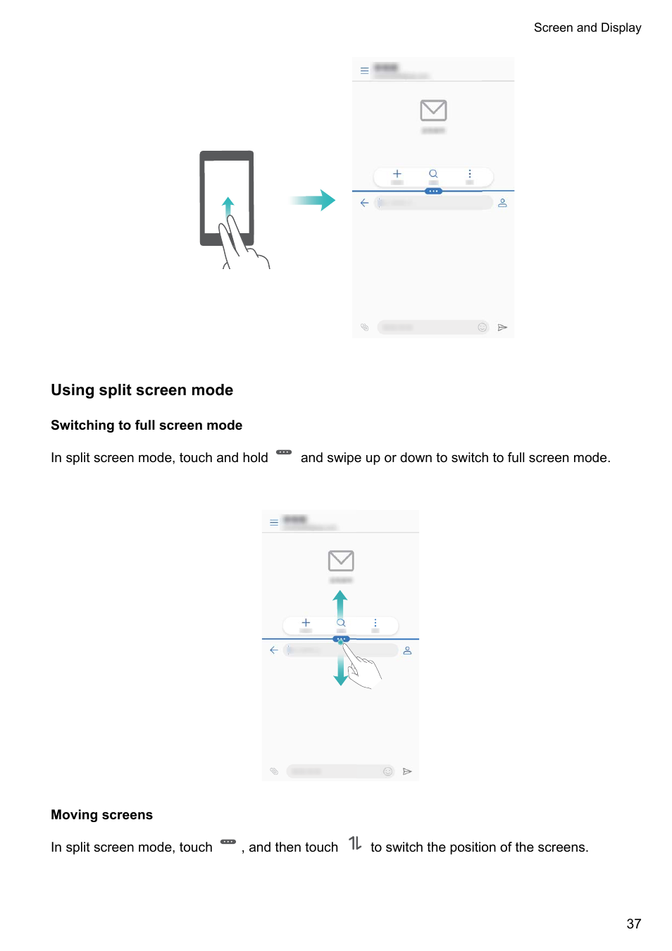 Using split screen mode, Switching to full screen mode, Moving screens | Huawei P10 User Manual | Page 43 / 158