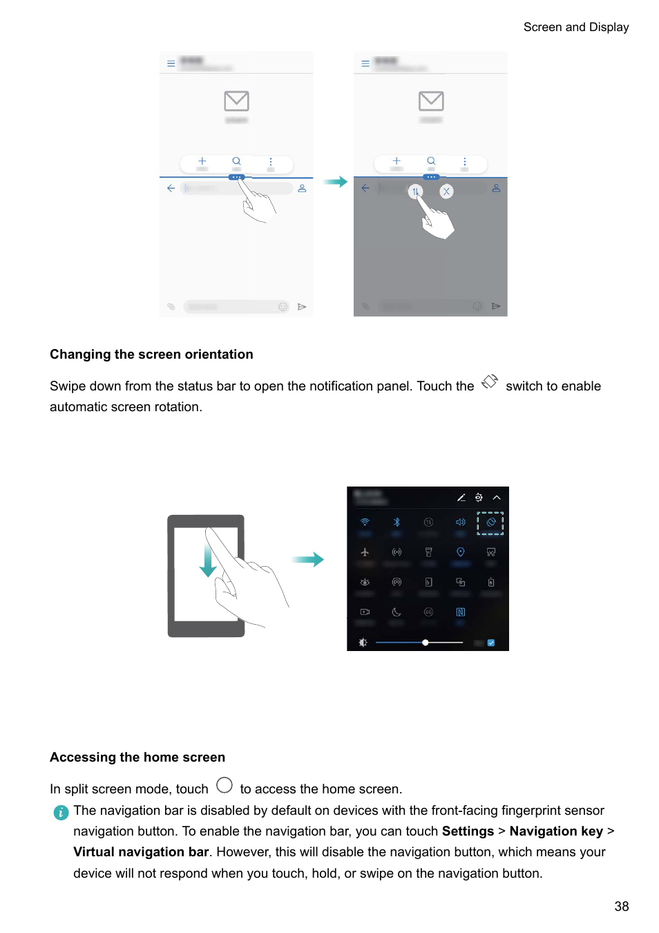 Changing the screen orientation, Accessing the home screen | Huawei P10 User Manual | Page 44 / 158