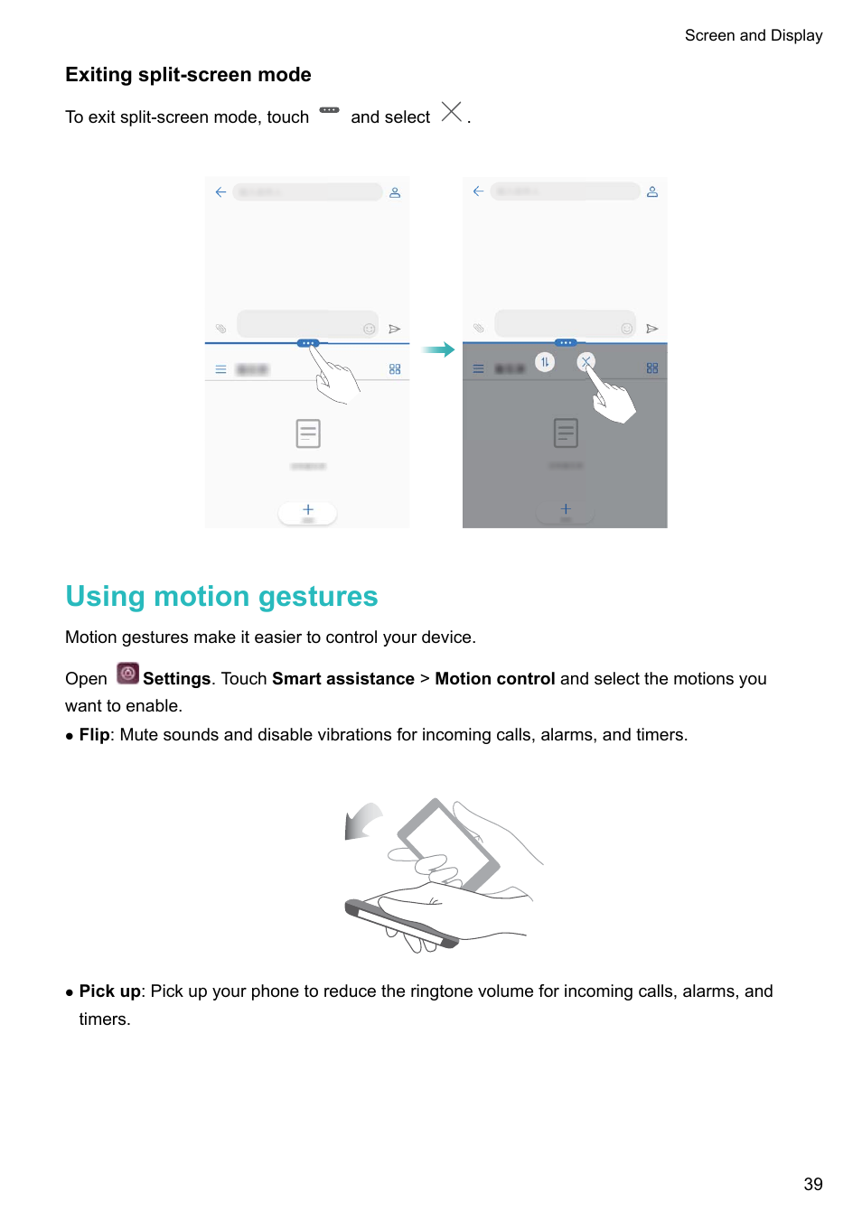 Exiting split-screen mode, Using motion gestures | Huawei P10 User Manual | Page 45 / 158