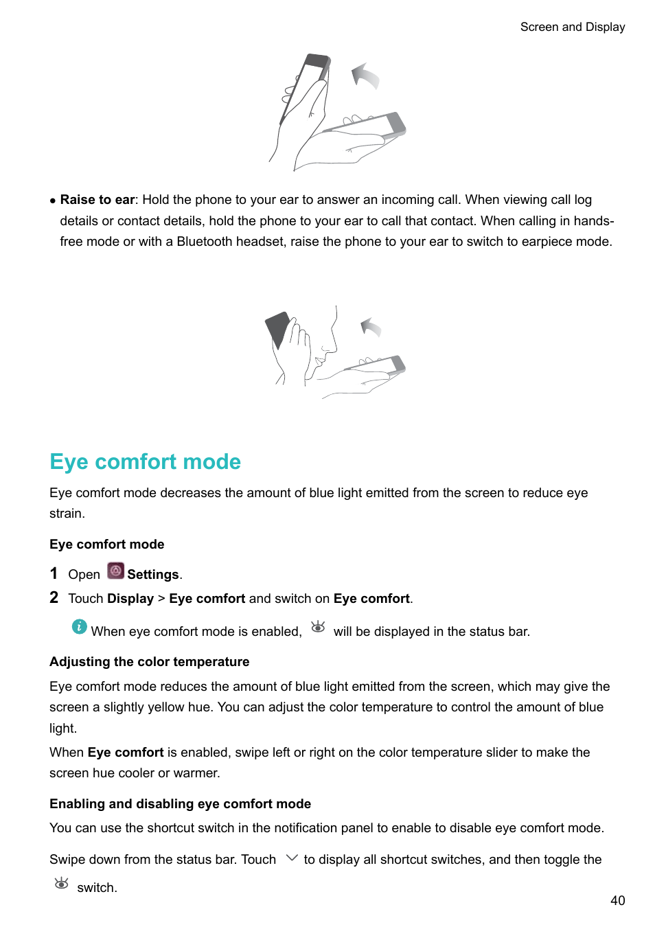 Eye comfort mode, Adjusting the color temperature, Enabling and disabling eye comfort mode | Huawei P10 User Manual | Page 46 / 158