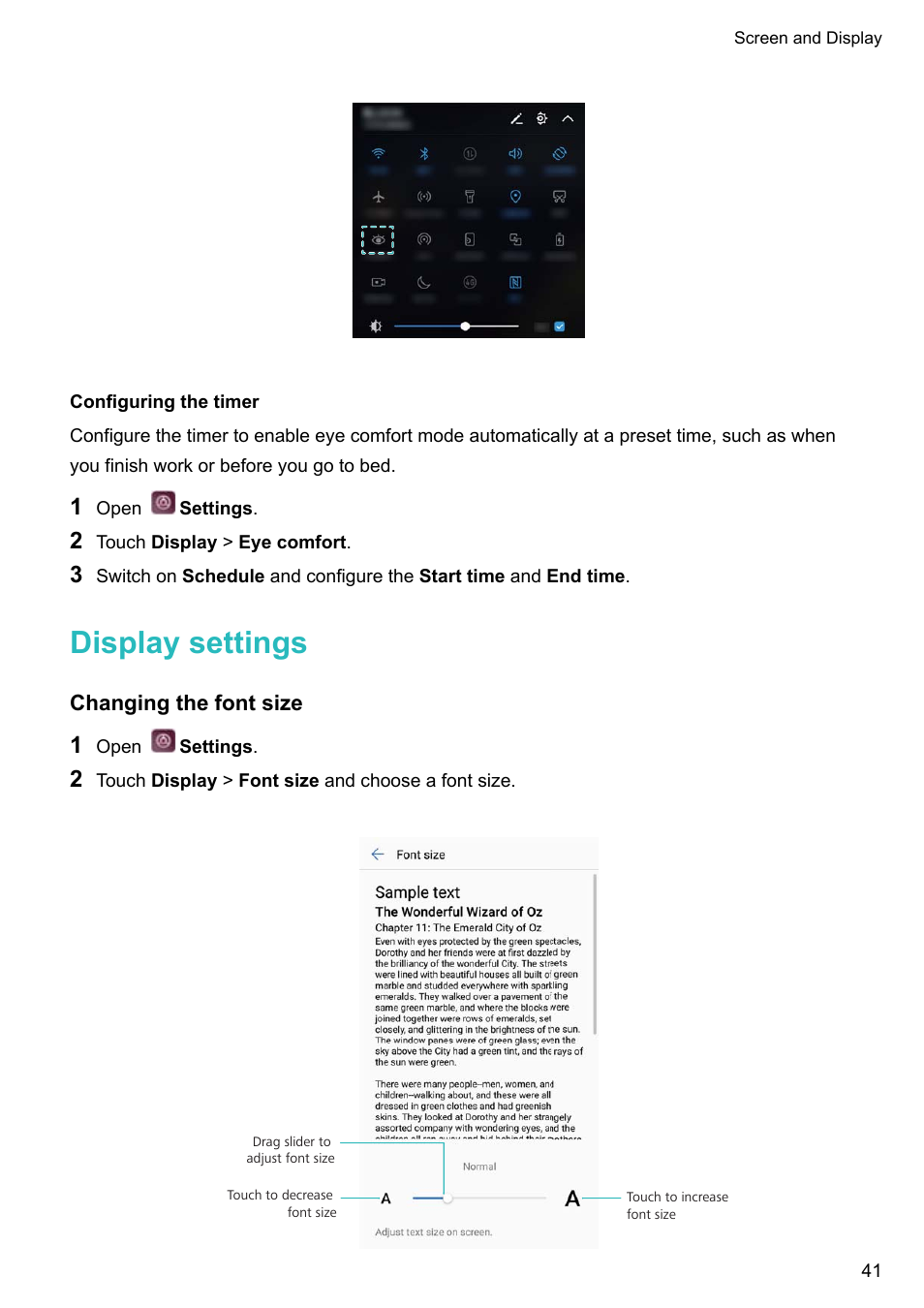 Configuring the timer, Display settings, Changing the font size | Huawei P10 User Manual | Page 47 / 158