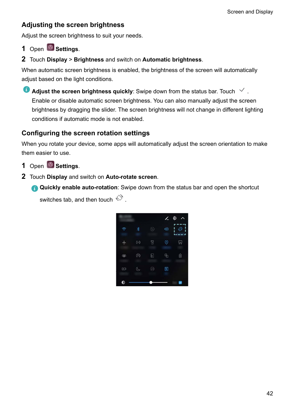 Adjusting the screen brightness, Configuring the screen rotation settings | Huawei P10 User Manual | Page 48 / 158