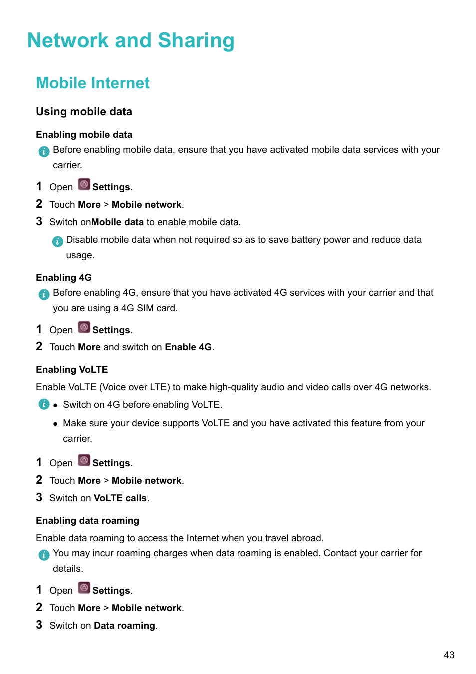 Network and sharing, Mobile internet, Using mobile data | Enabling mobile data, Enabling 4g, Enabling volte, Enabling data roaming | Huawei P10 User Manual | Page 49 / 158
