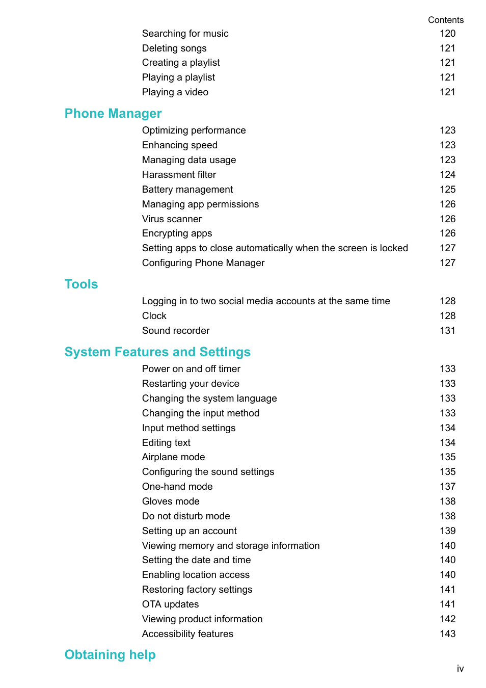 Phone manager, Tools, System features and settings | Obtaining help | Huawei P10 User Manual | Page 5 / 158