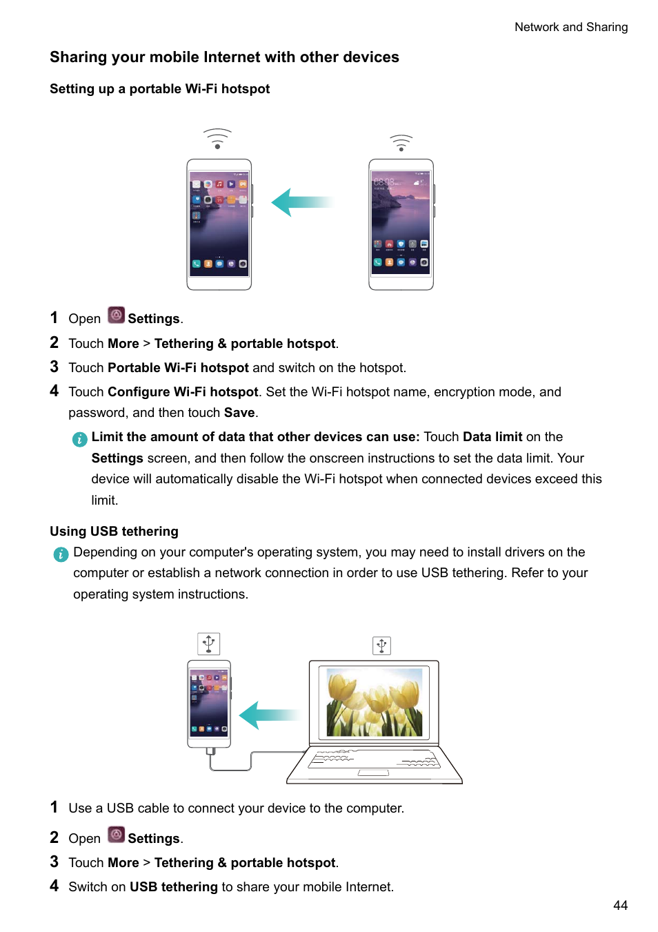 Sharing your mobile internet with other devices, Setting up a portable wi-fi hotspot, Using usb tethering | Huawei P10 User Manual | Page 50 / 158