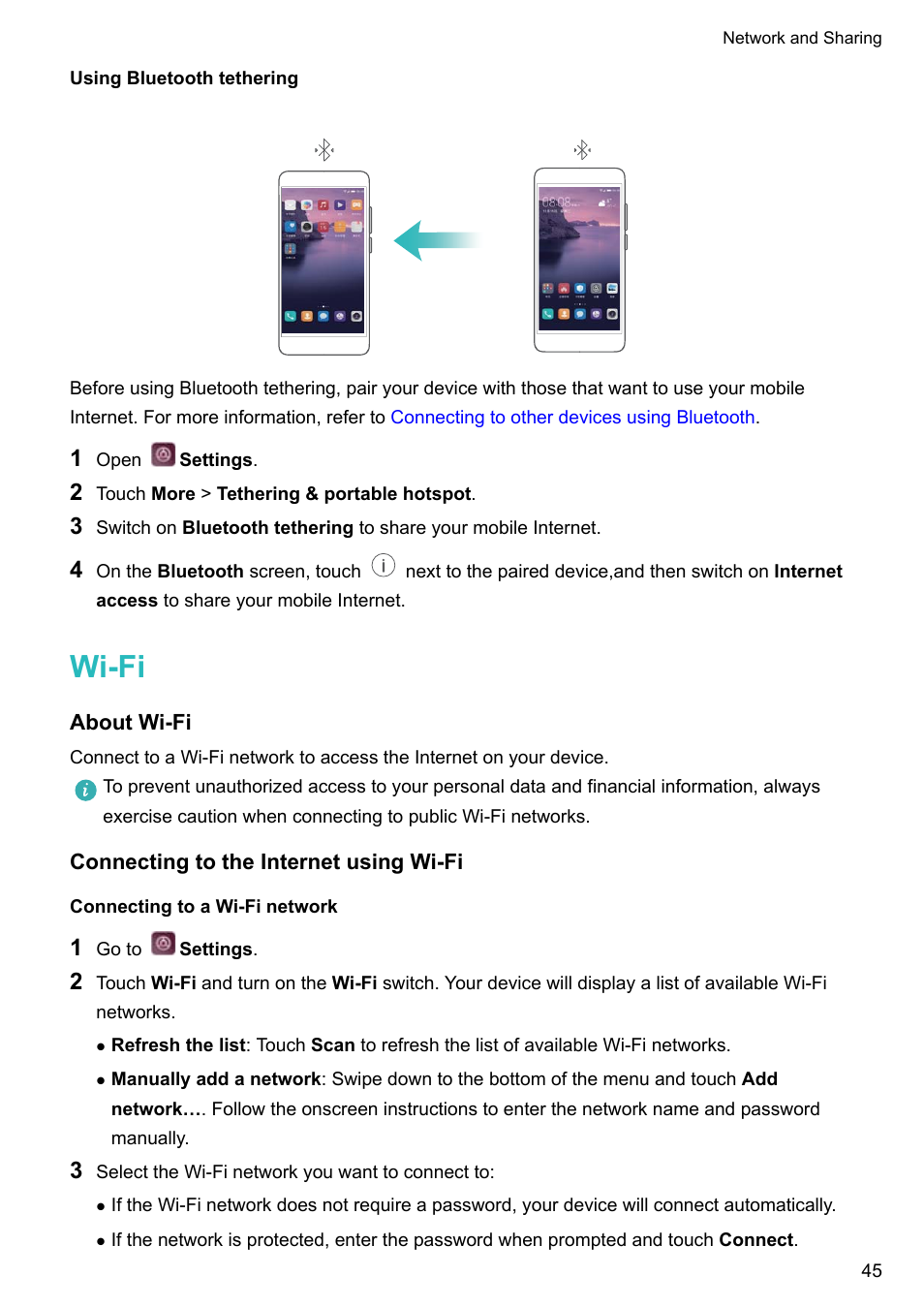 Using bluetooth tethering, Wi-fi, About wi-fi | Connecting to the internet using wi-fi, Connecting to a wi-fi network | Huawei P10 User Manual | Page 51 / 158