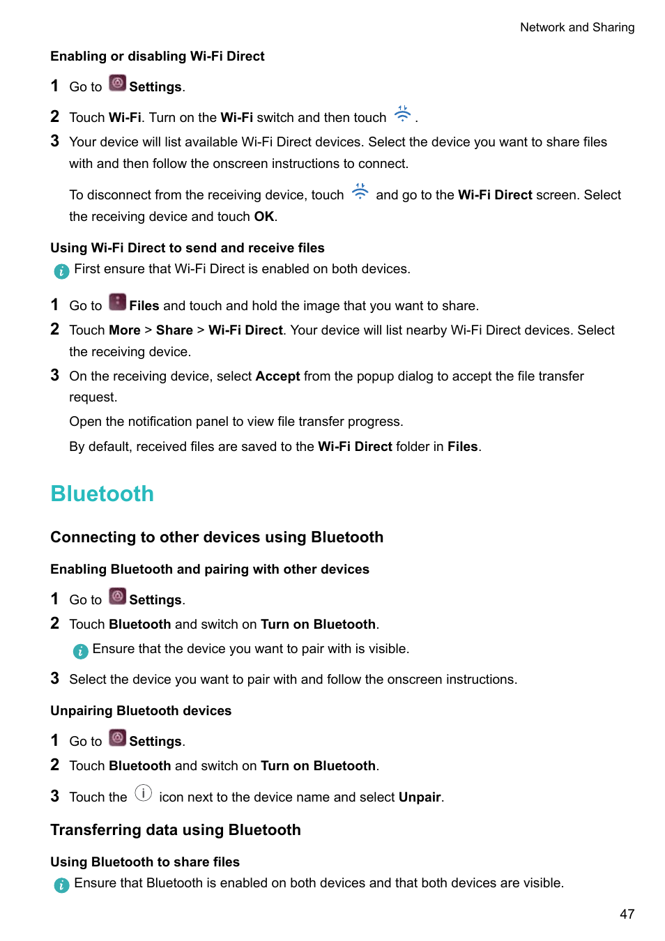 Enabling or disabling wi-fi direct, Using wi-fi direct to send and receive files, Bluetooth | Connecting to other devices using bluetooth, Enabling bluetooth and pairing with other devices, Unpairing bluetooth devices, Transferring data using bluetooth, Using bluetooth to share files | Huawei P10 User Manual | Page 53 / 158