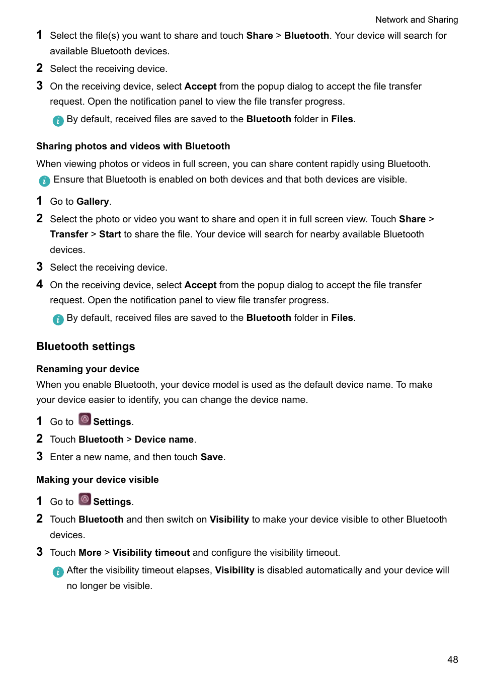 Sharing photos and videos with bluetooth, Bluetooth settings, Renaming your device | Making your device visible | Huawei P10 User Manual | Page 54 / 158