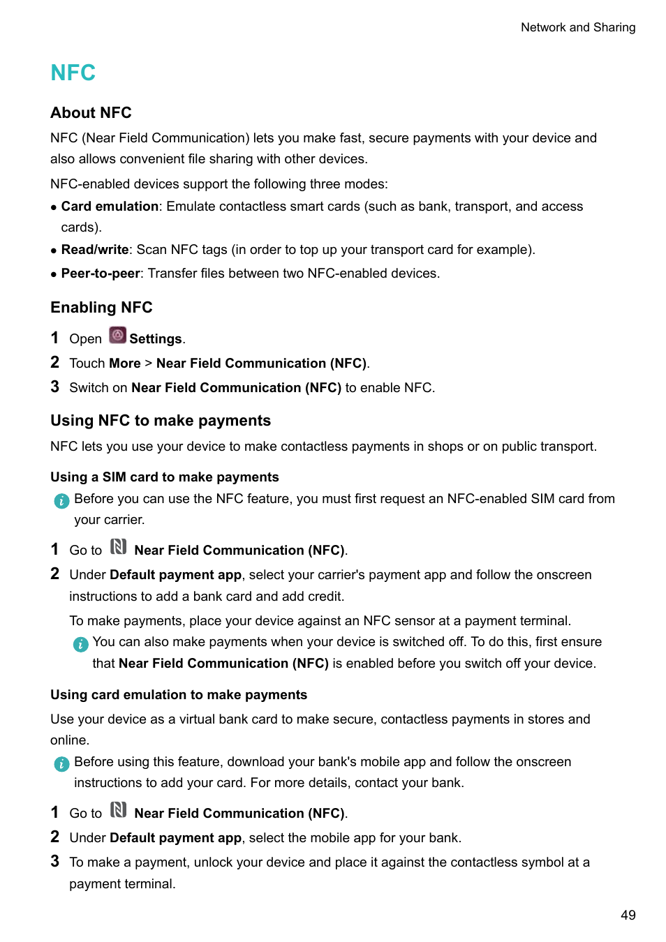 About nfc, Enabling nfc, Using nfc to make payments | Using a sim card to make payments, Using card emulation to make payments | Huawei P10 User Manual | Page 55 / 158