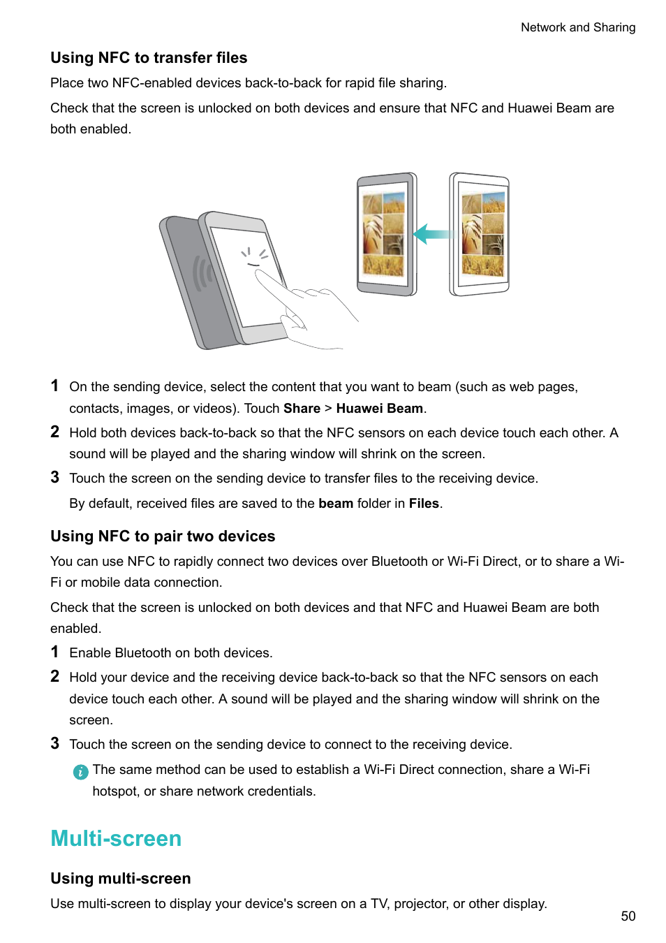 Using nfc to transfer files, Using nfc to pair two devices, Multi-screen | Using multi-screen | Huawei P10 User Manual | Page 56 / 158