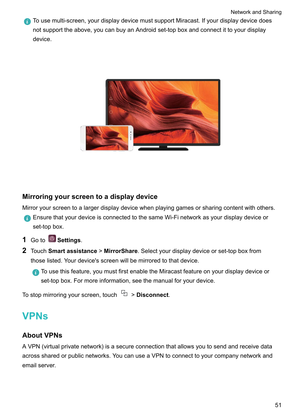 Mirroring your screen to a display device, Vpns, About vpns | Huawei P10 User Manual | Page 57 / 158