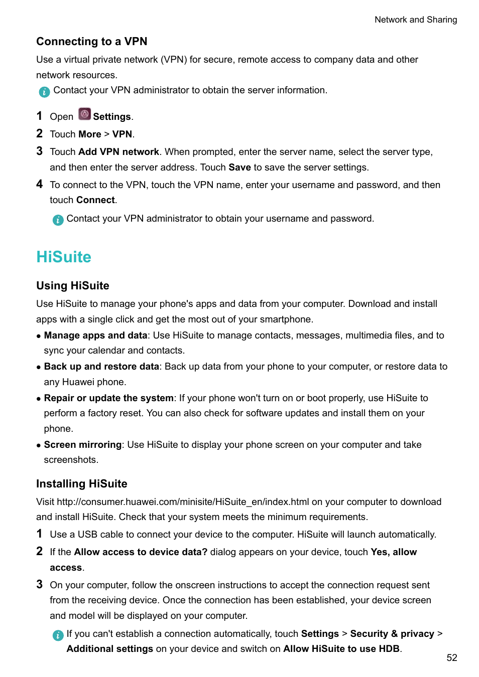 Connecting to a vpn, Hisuite, Using hisuite | Installing hisuite | Huawei P10 User Manual | Page 58 / 158