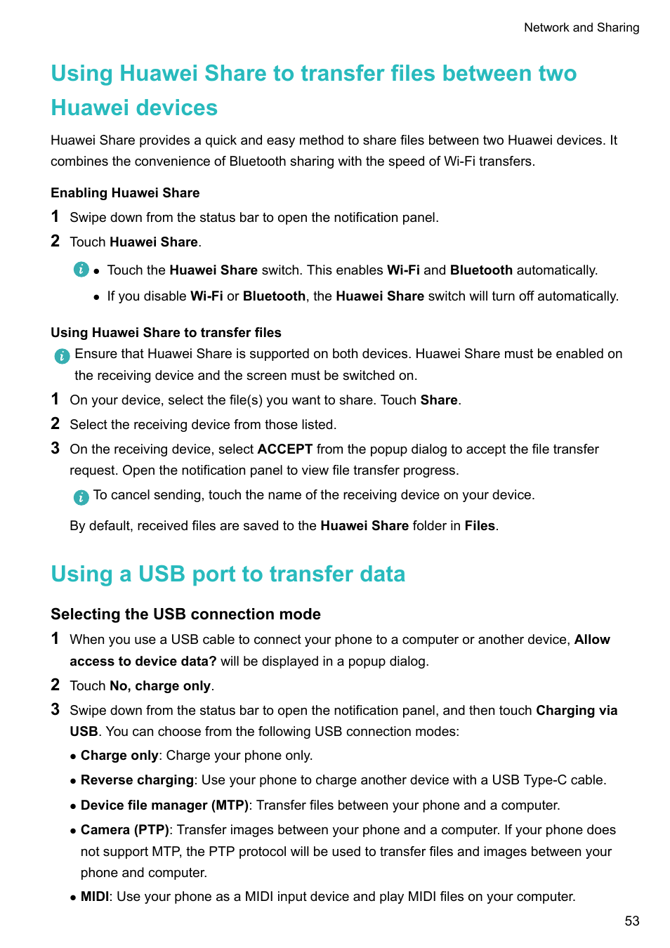 Enabling huawei share, Using huawei share to transfer files, Using a usb port to transfer data | Selecting the usb connection mode | Huawei P10 User Manual | Page 59 / 158