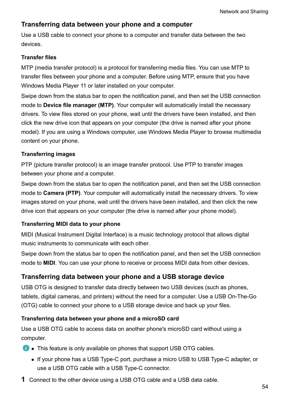 Transfer files, Transferring images, Transferring midi data to your phone | Huawei P10 User Manual | Page 60 / 158